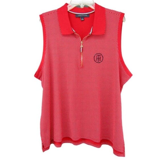 Tommy Hilfiger Red White Polka Dot Sleeveless Polo Shirt Top 1/4 Zip Size L - Picture 1 of 9